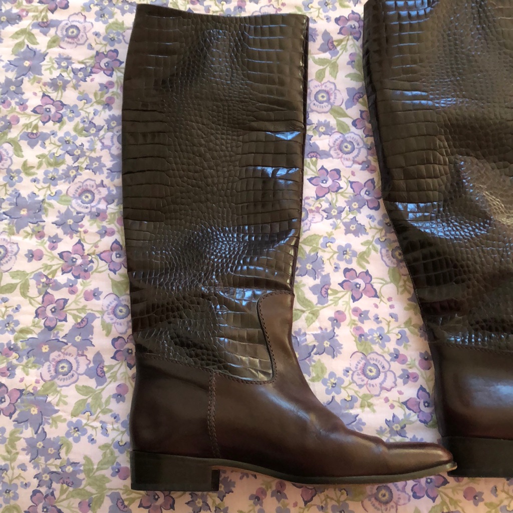 Bruno Magli Dark Brown Croc-Embossed Over-The-Knee Boots